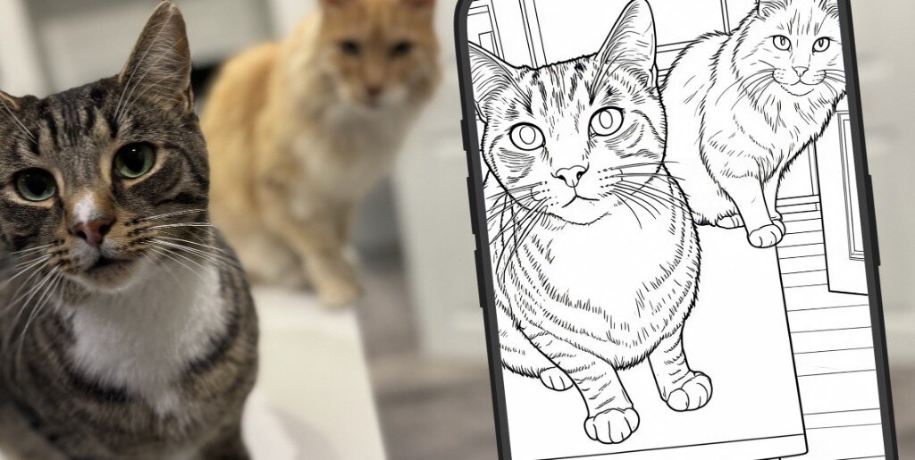 Comparison showing a color photo of two cats next to a smartphone screen displaying a black-and-white line art coloring page version of the same photo